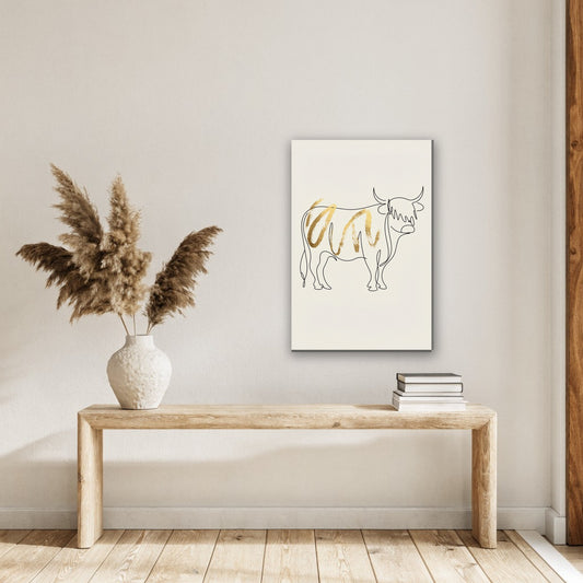 Hooglander in lijntekening met goud canvas schilderij aan de muur in de hal boven een houten bank