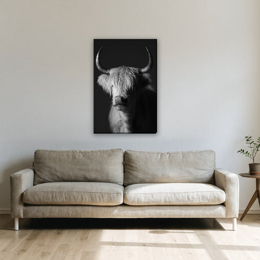 Hooglander in zwart wit canvas schilderij aan de muur boven de bank in de woonkamer