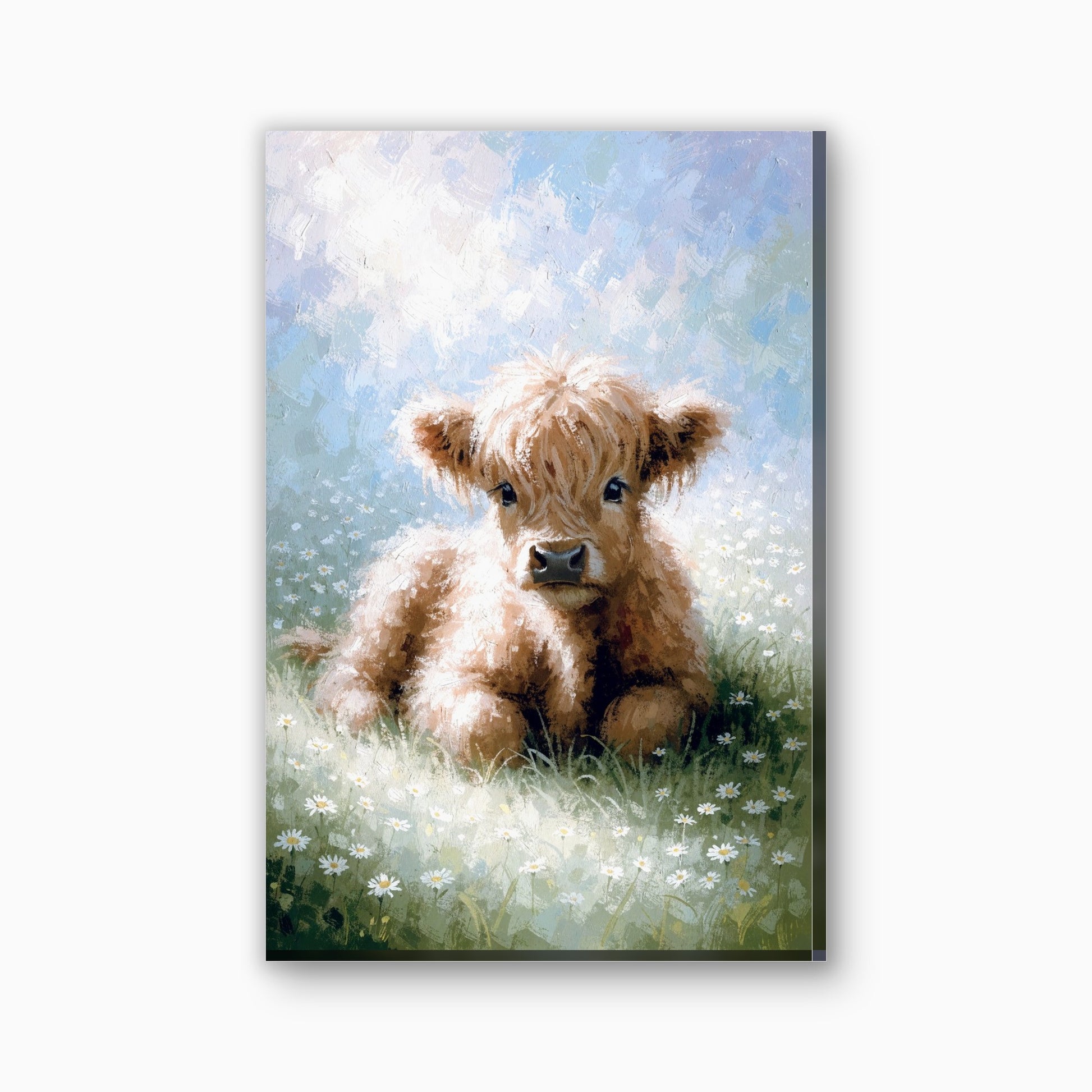 Hooglander kalfje canvas schilderij in zachtoranje en lichtgroen