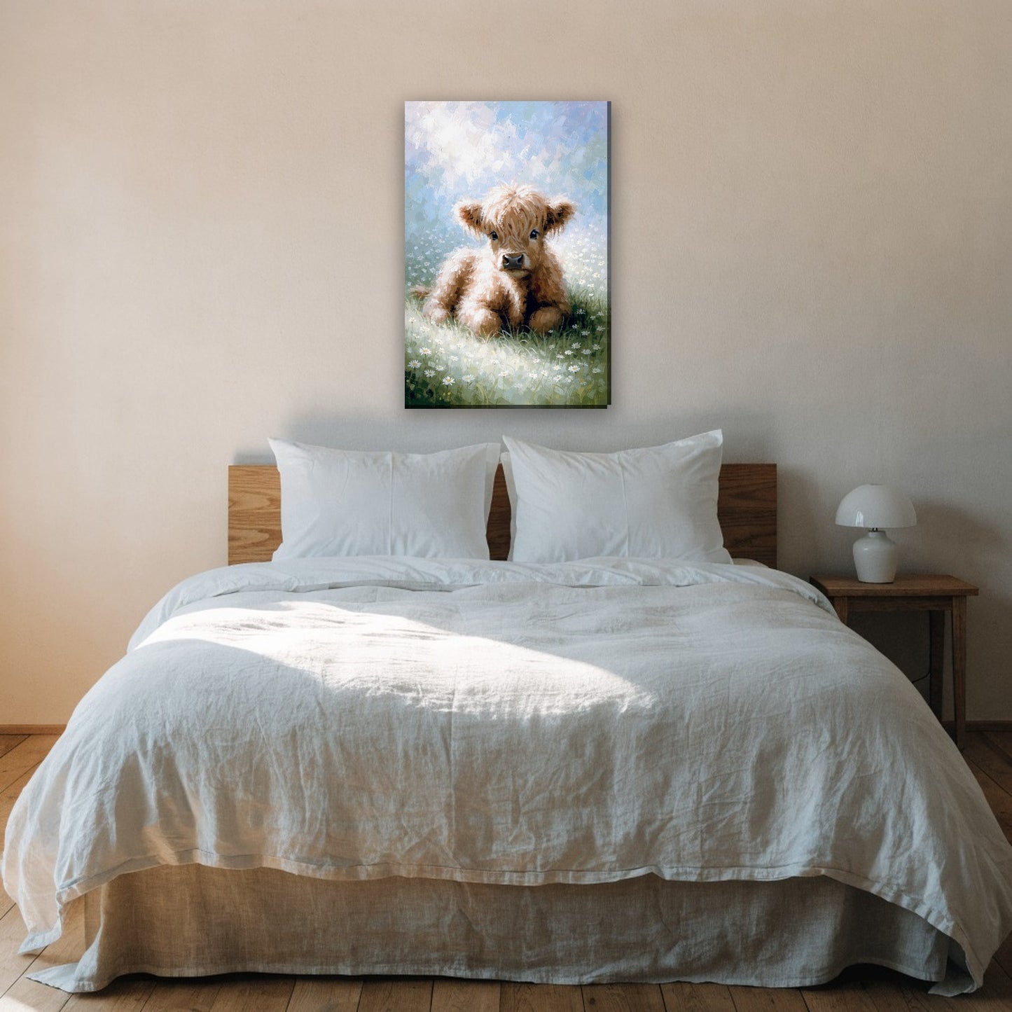 Hooglander kalfje canvas schilderij aan de muur boven het bed in de slaapkamer