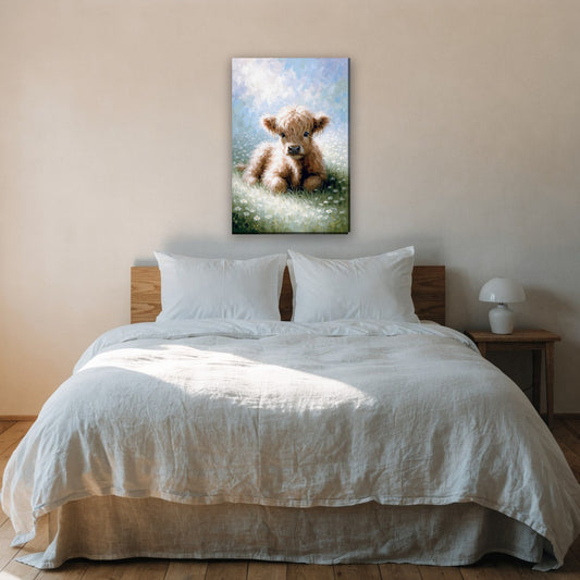 Hooglander kalfje canvas schilderij aan de muur boven het bed in de slaapkamer