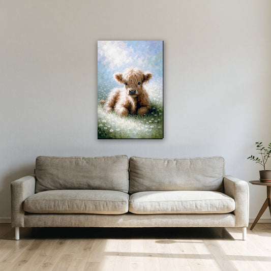 Hooglander kalfje canvas schilderij aan de muur boven de bank in de woonkamer