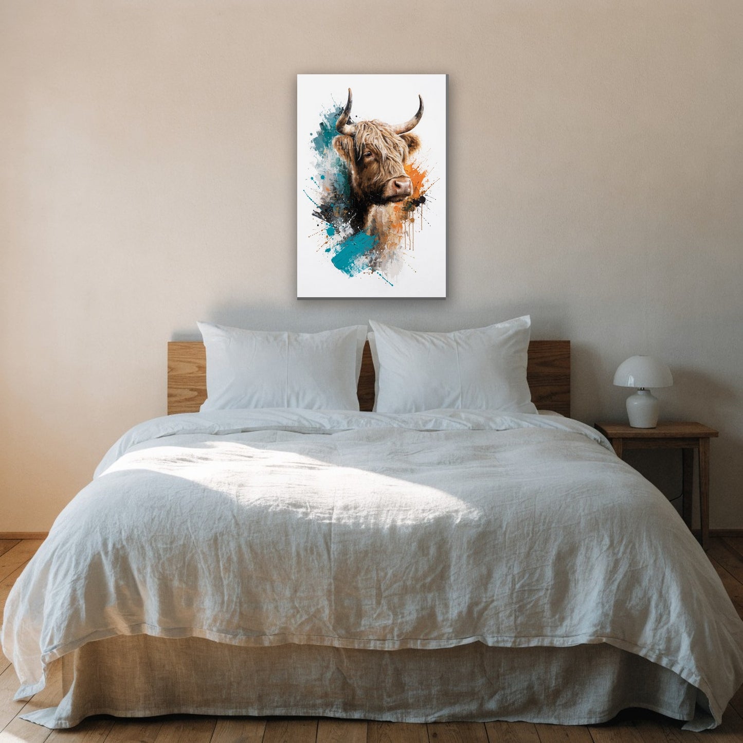 Hooglander met abstracte verfstreken canvas schilderij aan de muur boven het bed in de slaapkamer