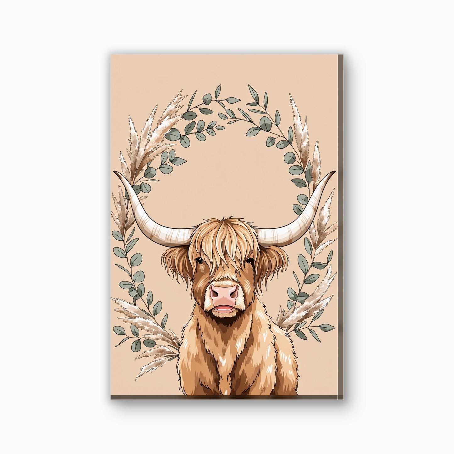 Hooglander met eucalyptus canvas schilderij in saliegroen en beige