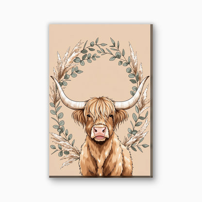 Hooglander met eucalyptus canvas schilderij in saliegroen en beige