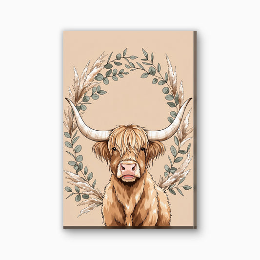 Hooglander met eucalyptus canvas schilderij in saliegroen en beige