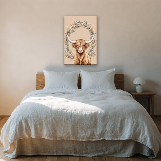 Hooglander met eucalyptus canvas schilderij aan de muur boven het bed in de slaapkamer