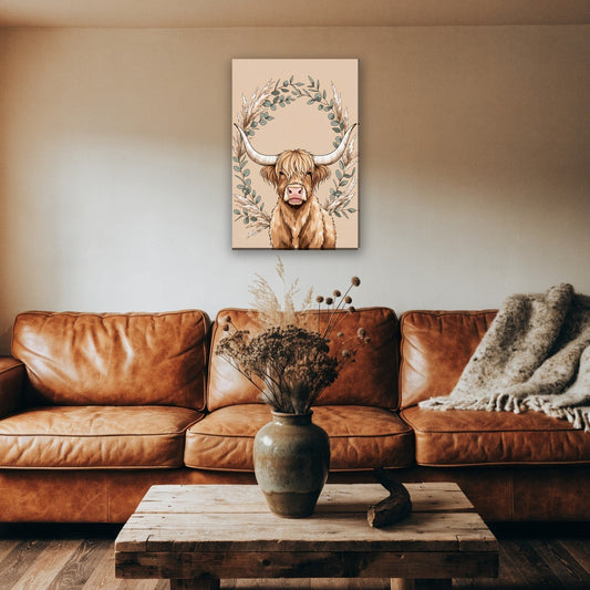 Hooglander met eucalyptus canvas schilderij aan de muur boven de bank in een landelijke woonkamer