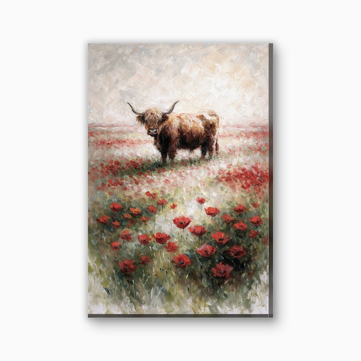 Hooglander met klaprozen canvas schilderij in rood en creme