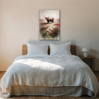 Hooglander met klaprozen canvas schilderij aan de muur boven het bed in de slaapkamer