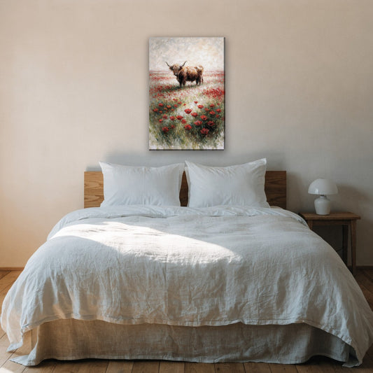 Hooglander met klaprozen canvas schilderij aan de muur boven het bed in de slaapkamer