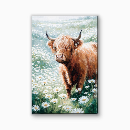 Hooglander met madeliefjes canvas schilderij in wit en frisgroen