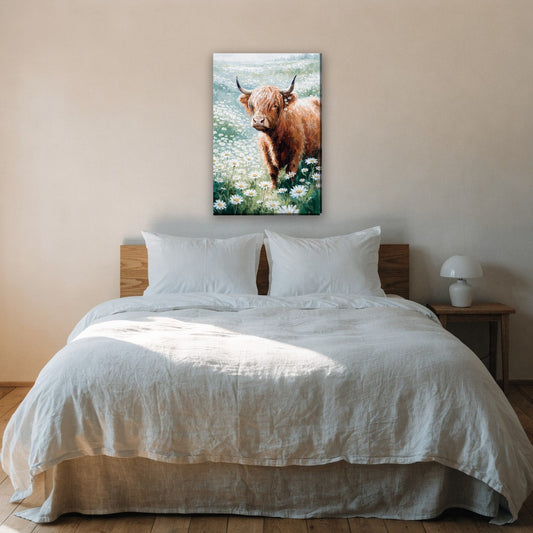 Hooglander met madeliefjes canvas schilderij aan de muur boven het bed in de slaapkamer