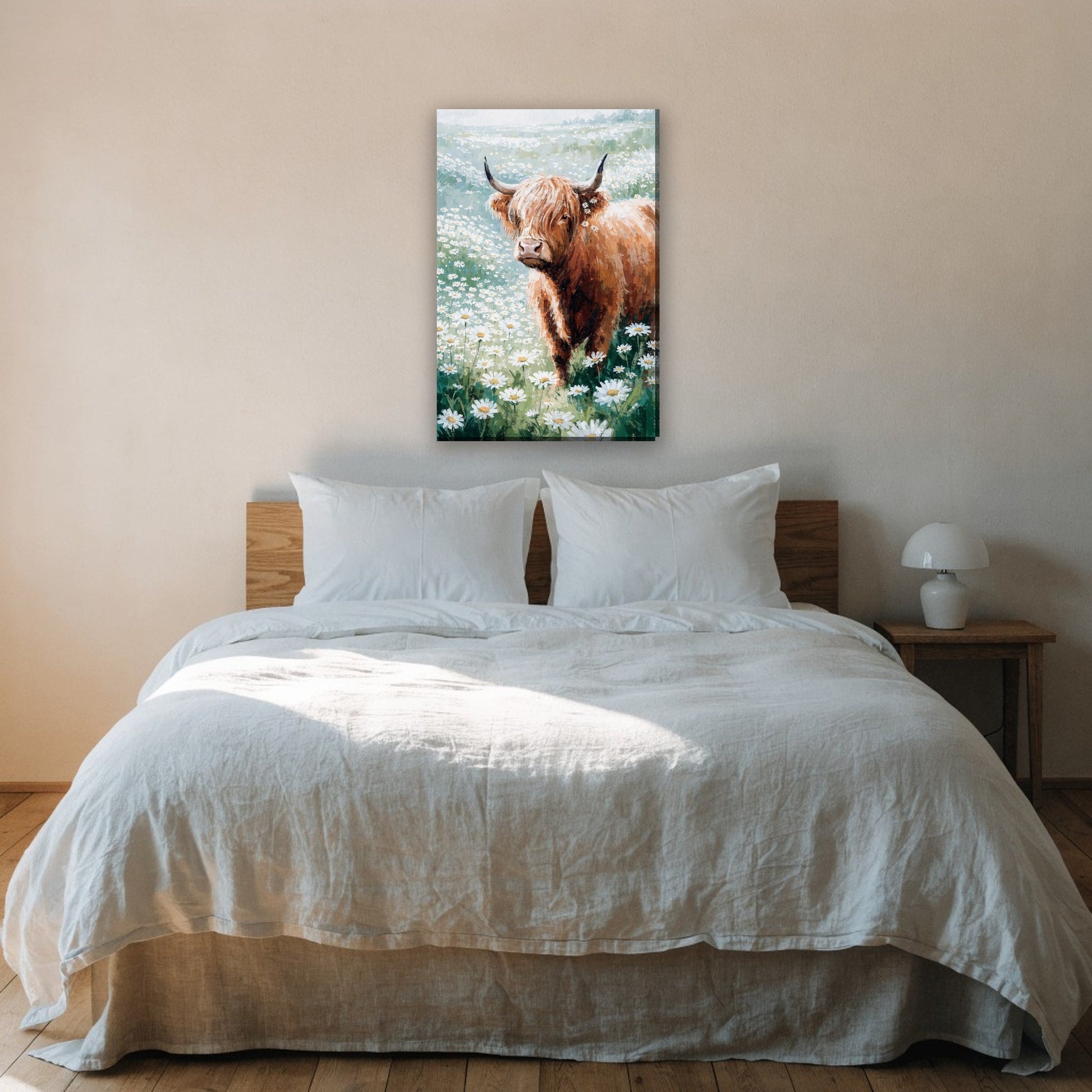 Hooglander met madeliefjes canvas schilderij aan de muur boven het bed in de slaapkamer