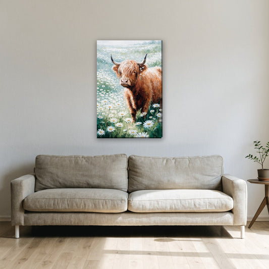 Hooglander met madeliefjes canvas schilderij aan de muur boven de bank in de woonkamer