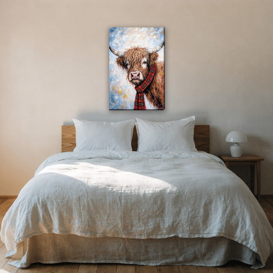 Hooglander met tartan sjaal canvas schilderij aan de muur boven het bed in de slaapkamer