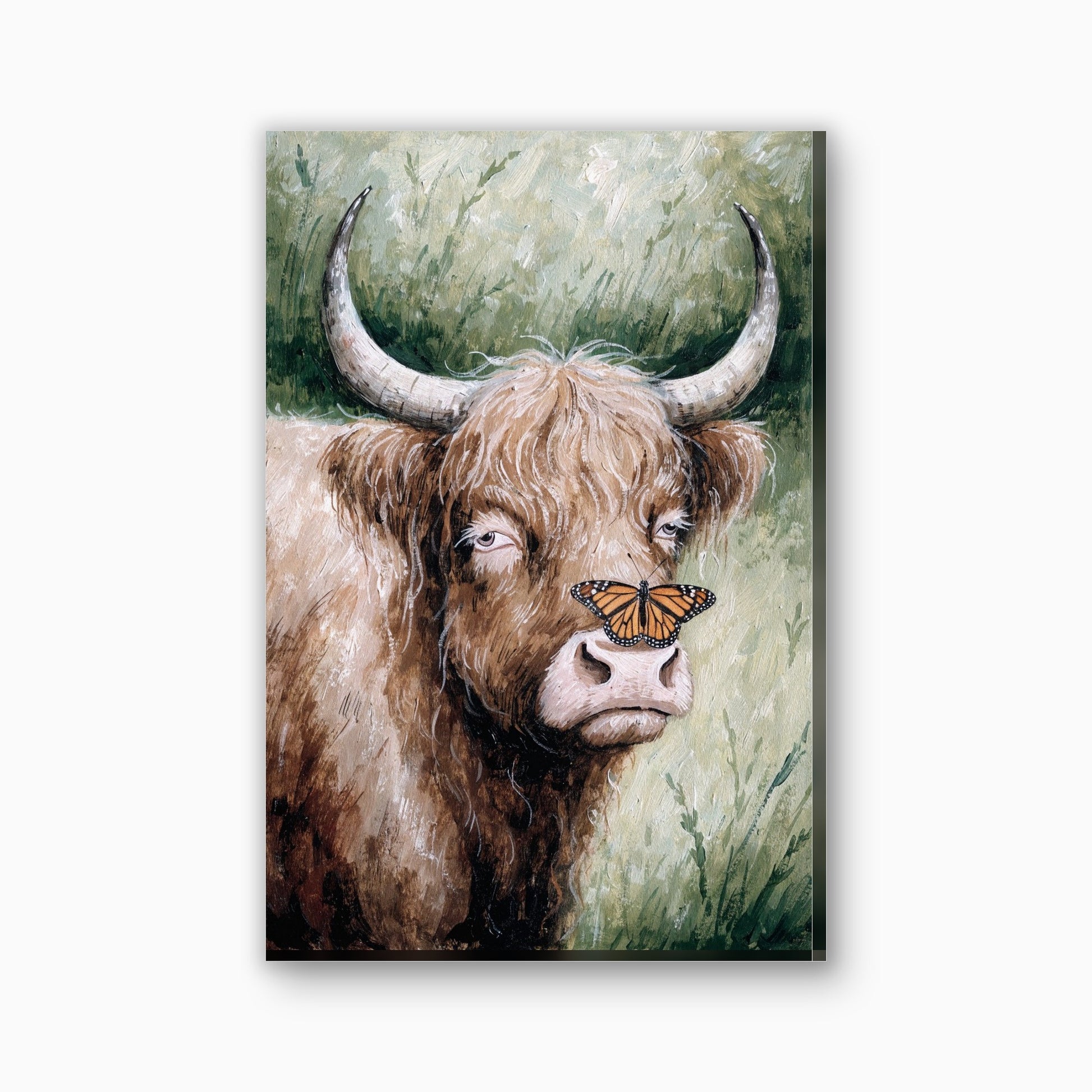 Highland cow with butterfly canvas painting in orange and soft green