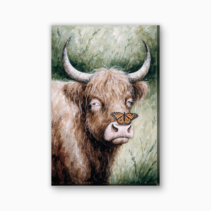 Highland cow with butterfly canvas painting in orange and soft green