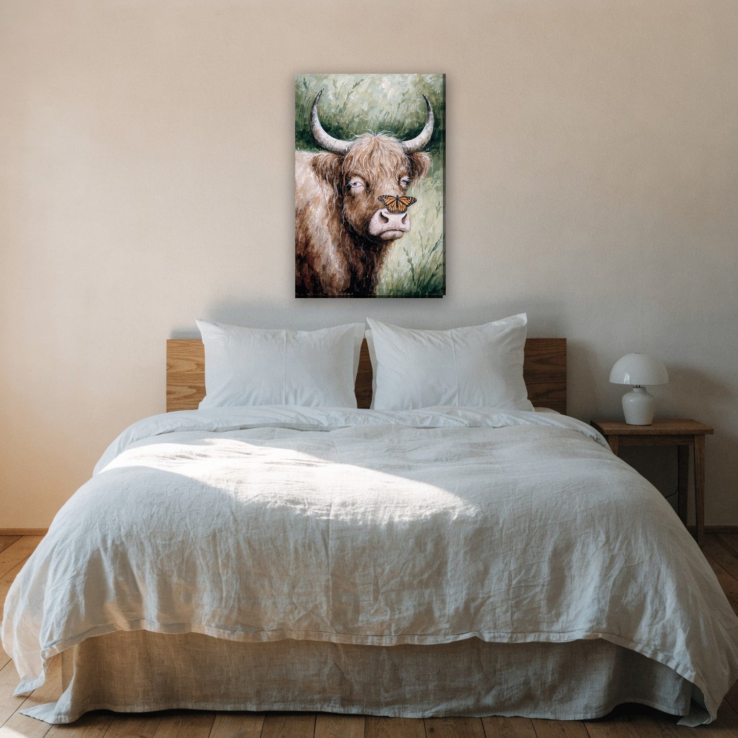 Highland cow with butterfly canvas painting on the wall above the bed in the bedroom