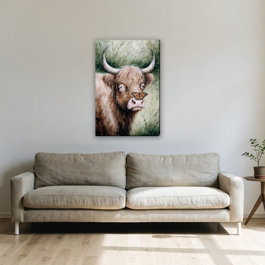 Hooglander met vlinder op zijn neus canvas schilderij aan de muur boven de bank in de woonkamer
