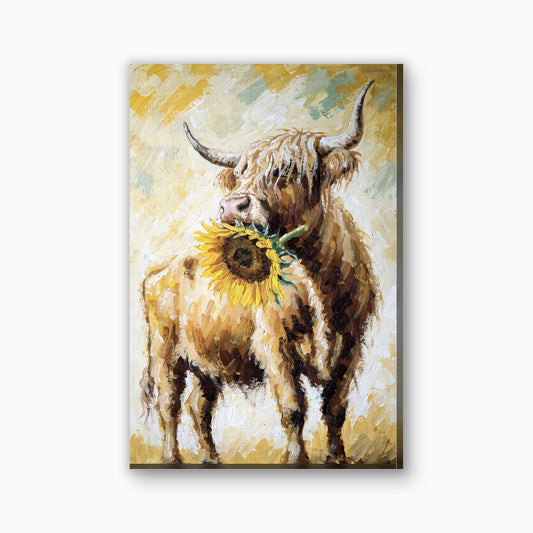 Hooglander met zonnebloem canvas schilderij in geel en warmbruin