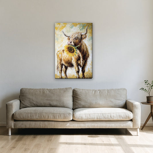 Hooglander met zonnebloem canvas schilderij aan de muur boven de bank in de woonkamer