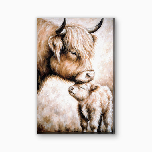 Hooglander moeder met kalfje canvas schilderij in gember en creme