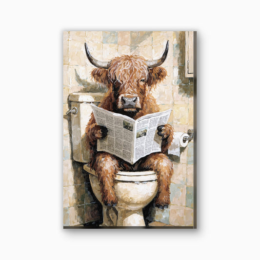 Hooglander op het toilet canvas schilderij in gember en lichtblauw