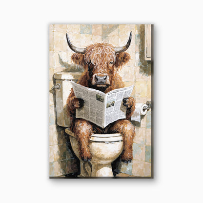 Hooglander op het toilet canvas schilderij in gember en lichtblauw