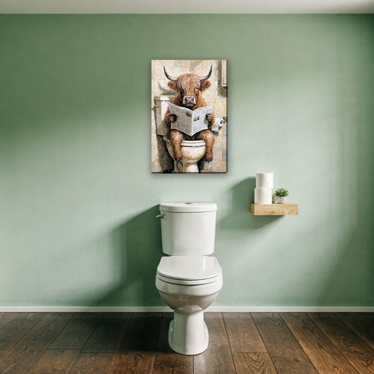 Hooglander op het toilet canvas schilderij aan de muur boven het toilet