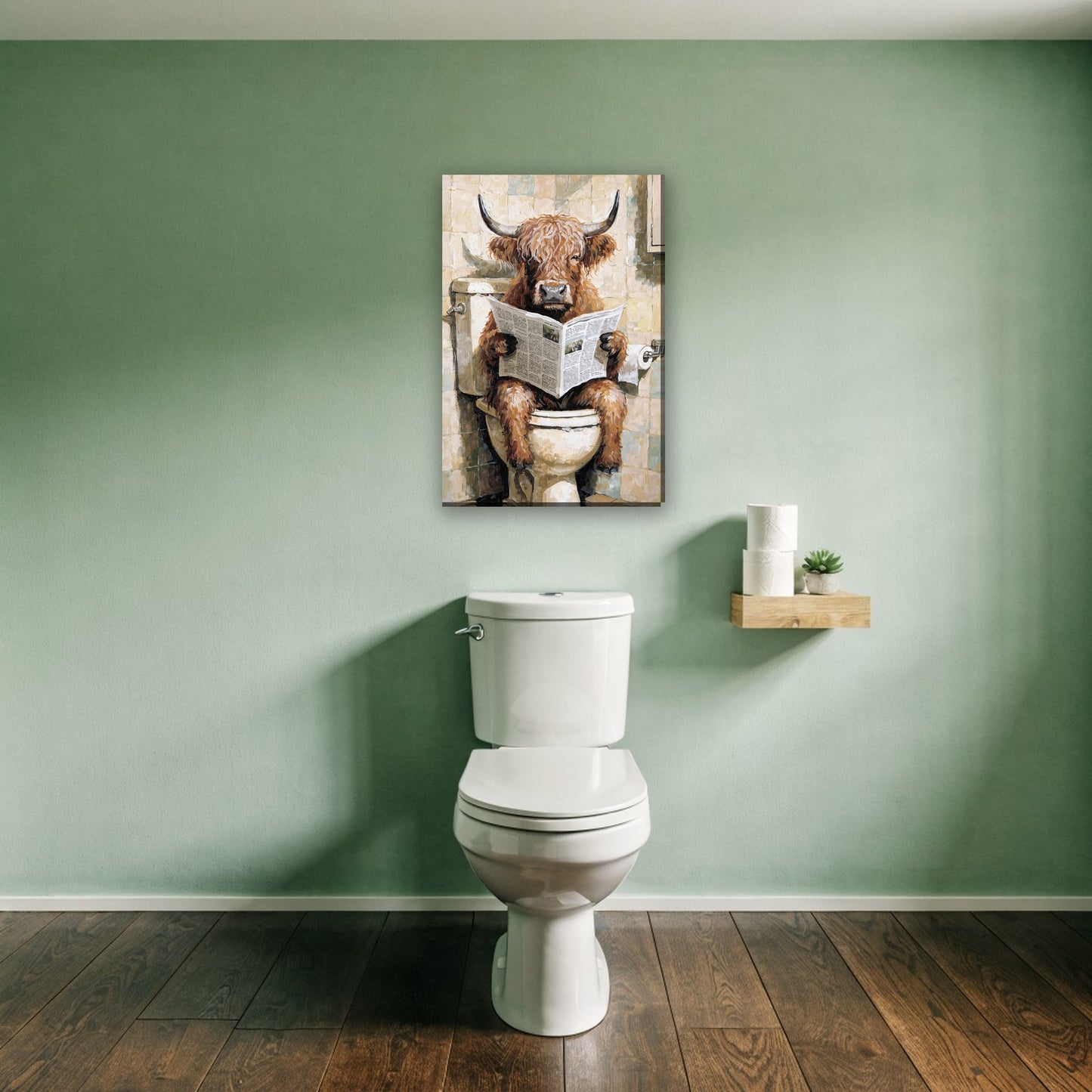Hooglander op het toilet canvas schilderij aan de muur boven het toilet