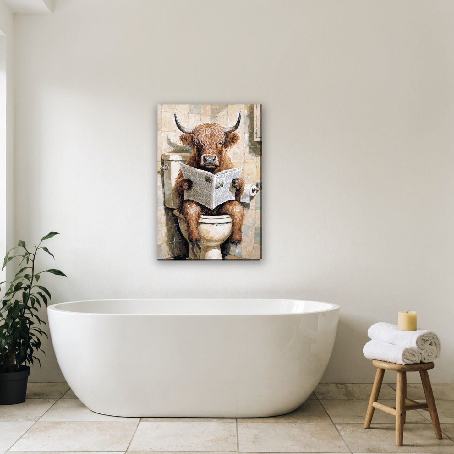 Hooglander op het toilet canvas schilderij aan de muur in de badkamer boven het bad