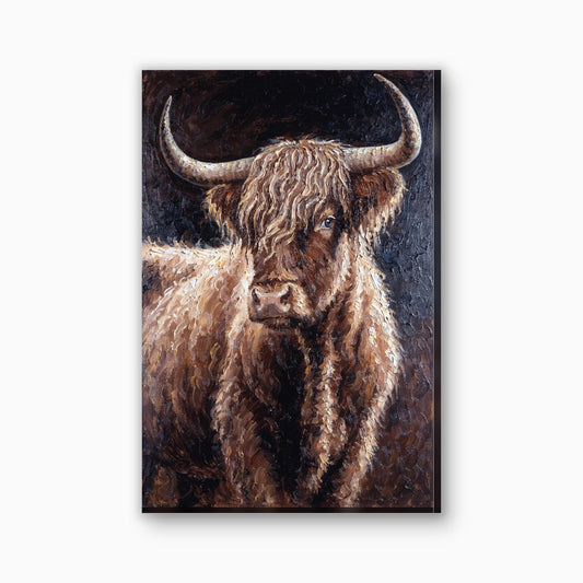 Hooglander portret in olieverf canvas schilderij in donkerbruin en goud