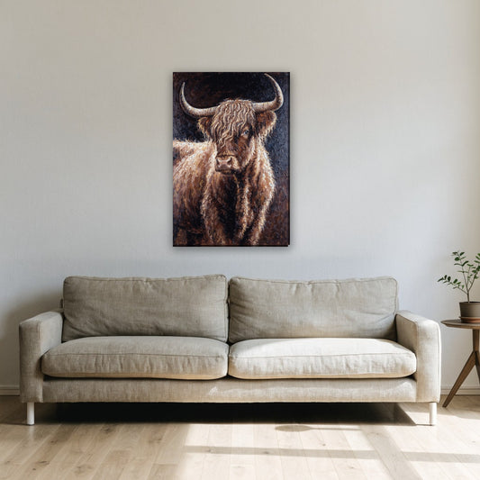 Hooglander portret in olieverf canvas schilderij aan de muur boven de bank in de woonkamer