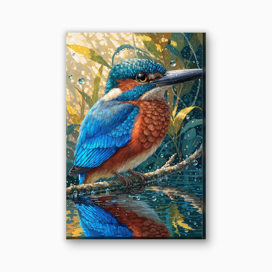 IJsvogel boven het water canvas schilderij in felblauw en oranje