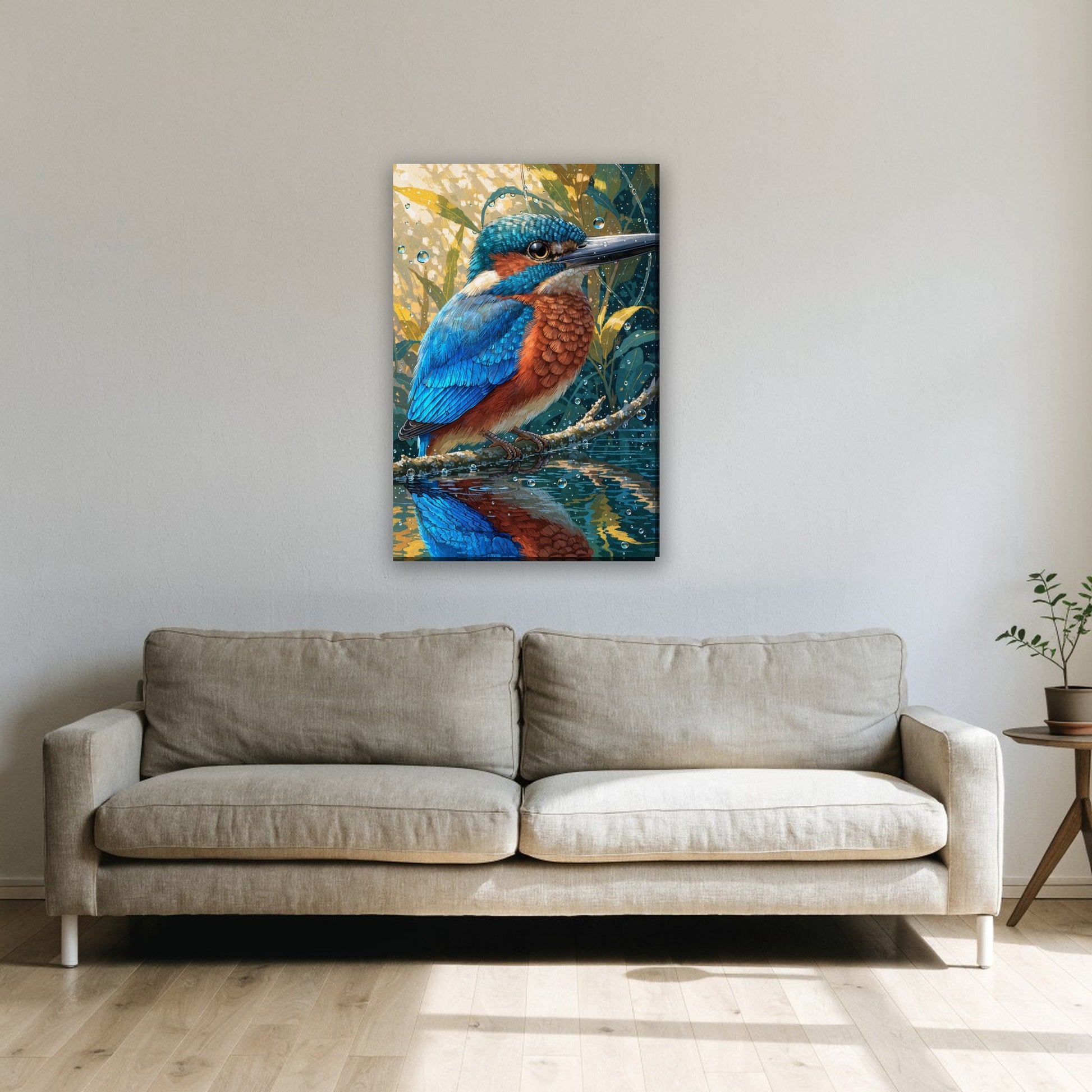 IJsvogel boven het water canvas schilderij aan de muur boven de bank in de woonkamer
