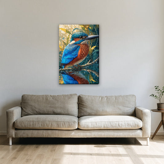 IJsvogel boven het water canvas schilderij aan de muur boven de bank in de woonkamer
