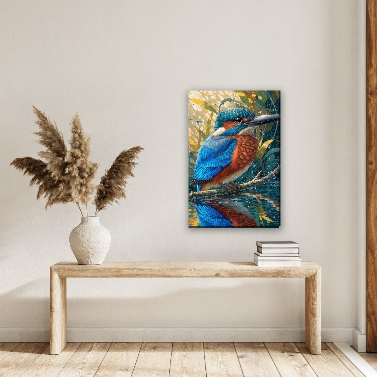 IJsvogel boven het water canvas schilderij aan de muur in de hal boven een houten bank