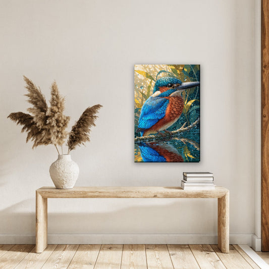 IJsvogel boven het water canvas schilderij aan de muur in de hal boven een houten bank