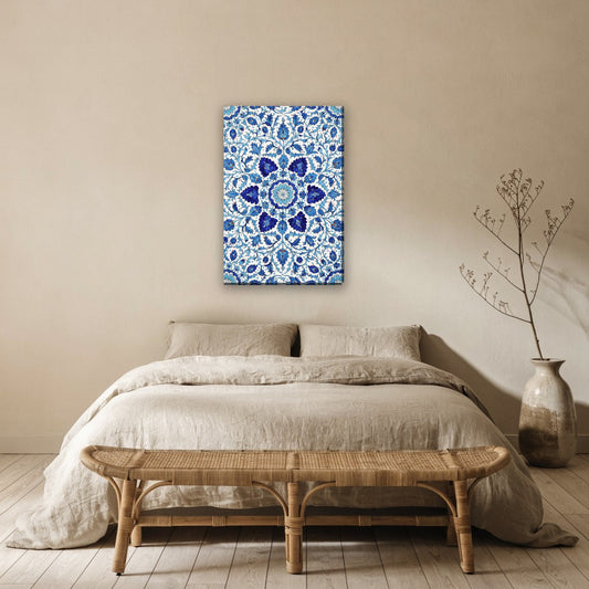 Iznik koepelpatroon canvas schilderij aan de muur boven het bed in de slaapkamer