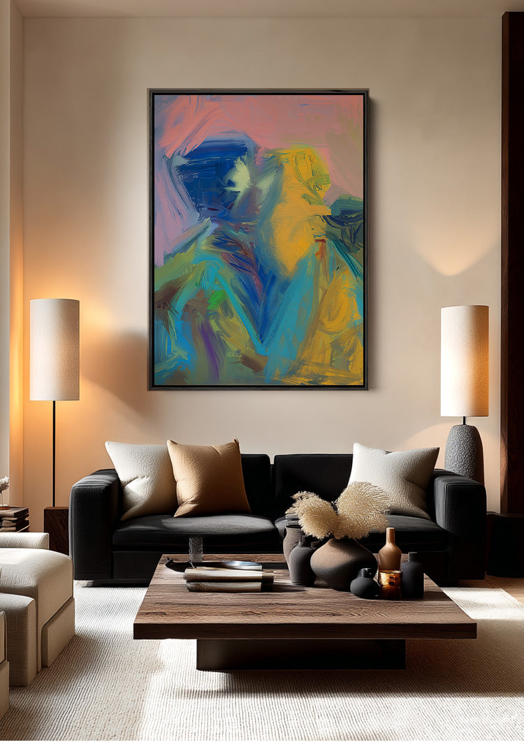 Zwei Figuren Abstrakt Pastell Blau Gelb Expressionistisches Gemälde