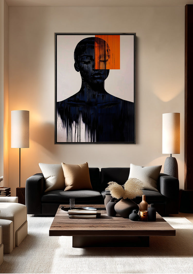 Donker Abstract Menselijk Silhouet Oranje Geometrisch Vlak Modern Schilderij