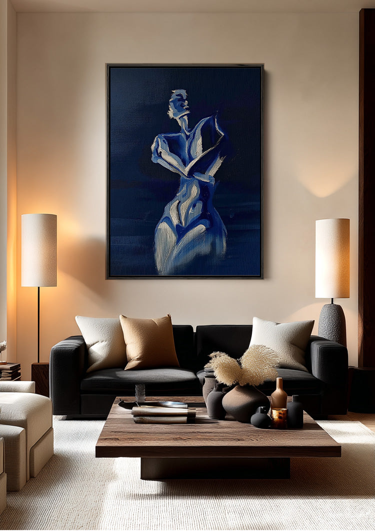 Elegant Female Figure in Deep Blue Expressive Nocturnal Painting
