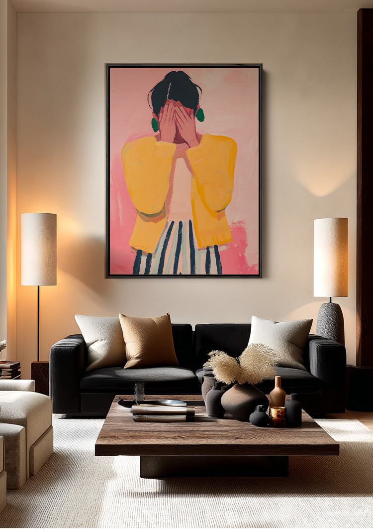 Woman Hidden Face Yellow Sweater Pink Background Painting