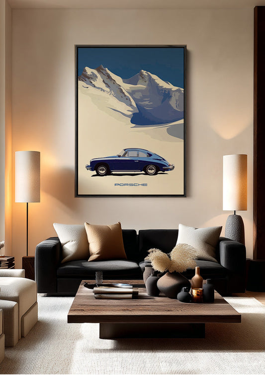 Blue classic car canvas painting on the wall in the hallway