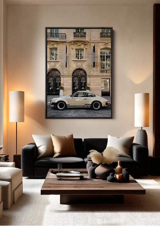 Silver sports car canvas painting on the wall in the hallway