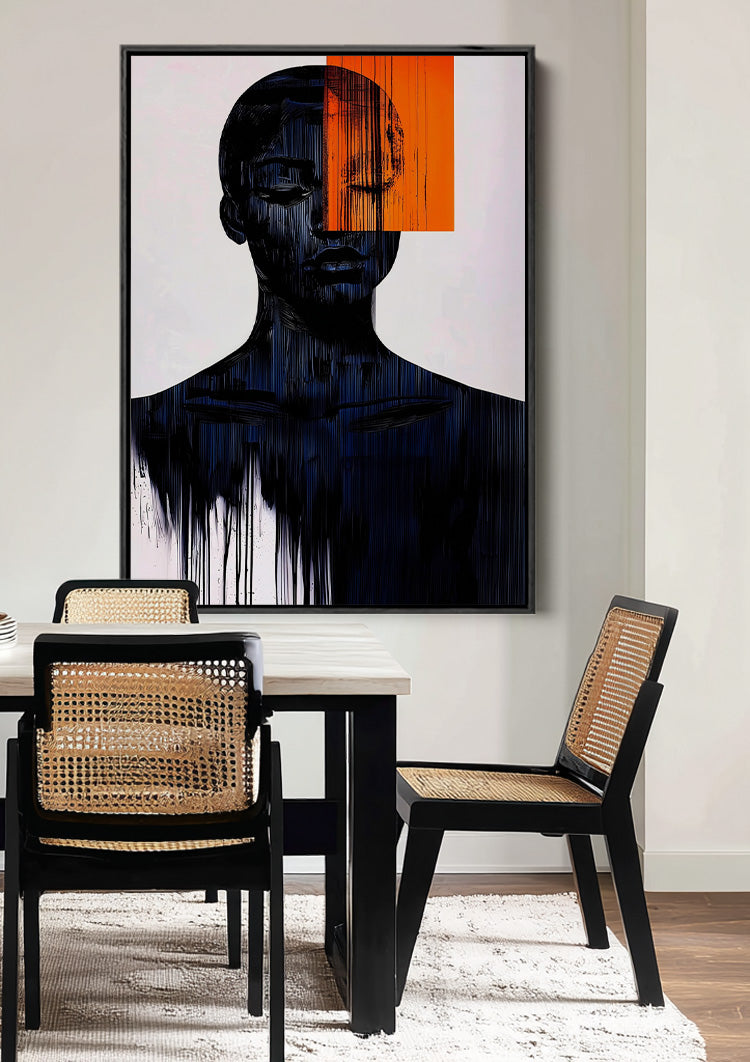 Donker Abstract Menselijk Silhouet Oranje Geometrisch Vlak Modern Schilderij