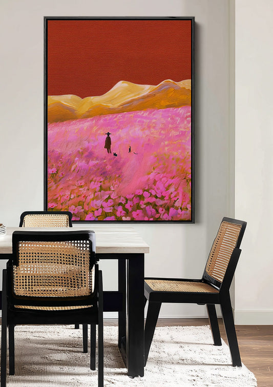Wandelaar in een roze bloemenveld canvas schilderij boven het bed in de slaapkamer