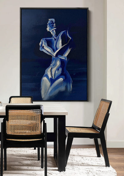 Elegant Female Figure in Deep Blue Expressive Nocturnal Painting