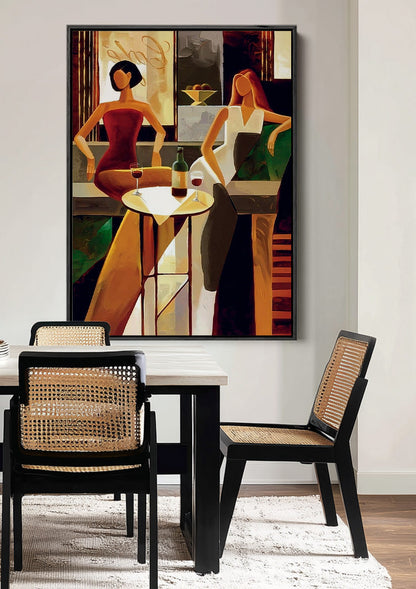 Two Women with Wine in Bar Warm Styled Painting